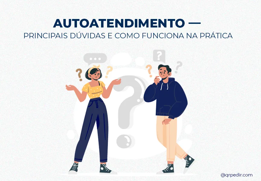 Capa com fundo branco e letras azuis. Imagem em vetor de um homem e uma mulher com dúvidas sobre autoatendimento.