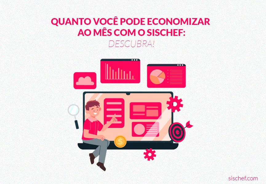 Capa com fundo branco e letras rosa. Imagem em vetor de um homem mexendo no Sischef. Economizar.