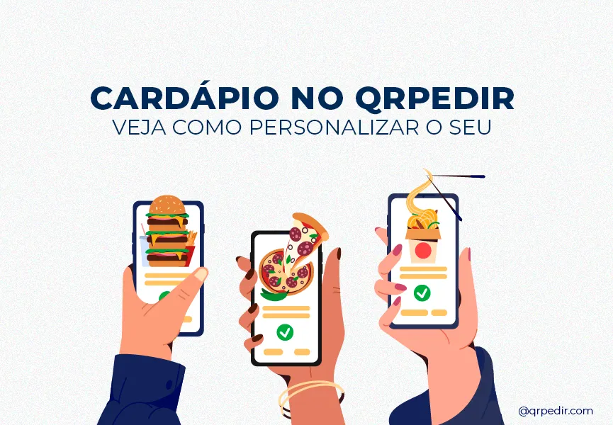 Capa com funco branco e letras azuis. Imagem em vetor de um cliente fazendo um pedido através de cardápio digital.