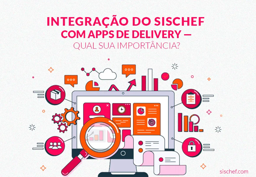 Capa com fundo branco e letras rosa. Imagem em vetor de um sistema de gestão integrado com apps de delivery.