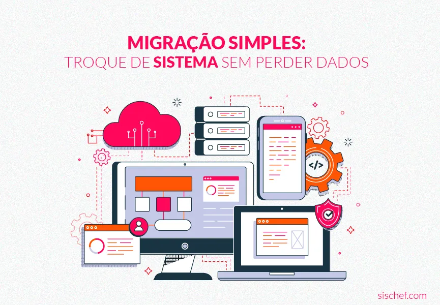 Capa com fundo branco e letras rosa. Imagem em vetor de um sistema de gestão.