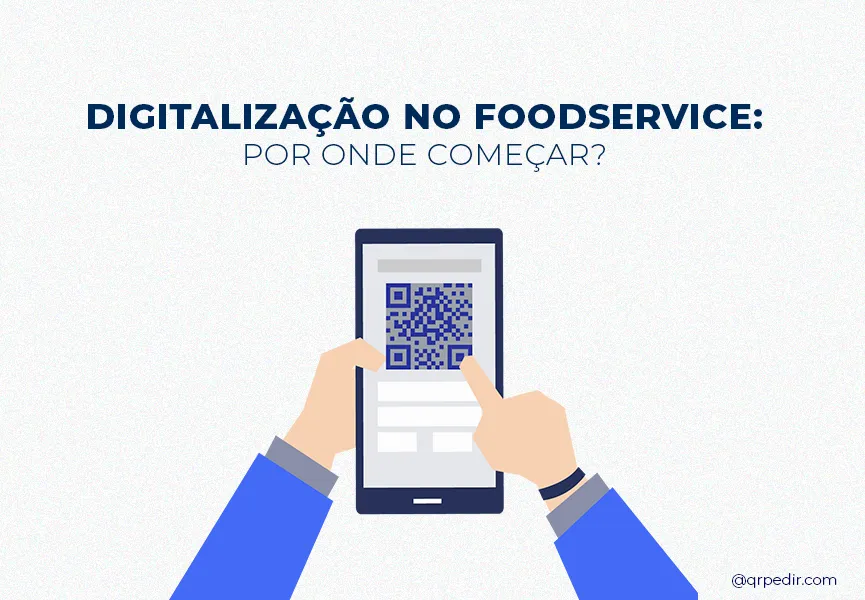 Capa com fundo branco e letras azuis. Imagem em vetor de mãos usando qrcode no foodservice.
