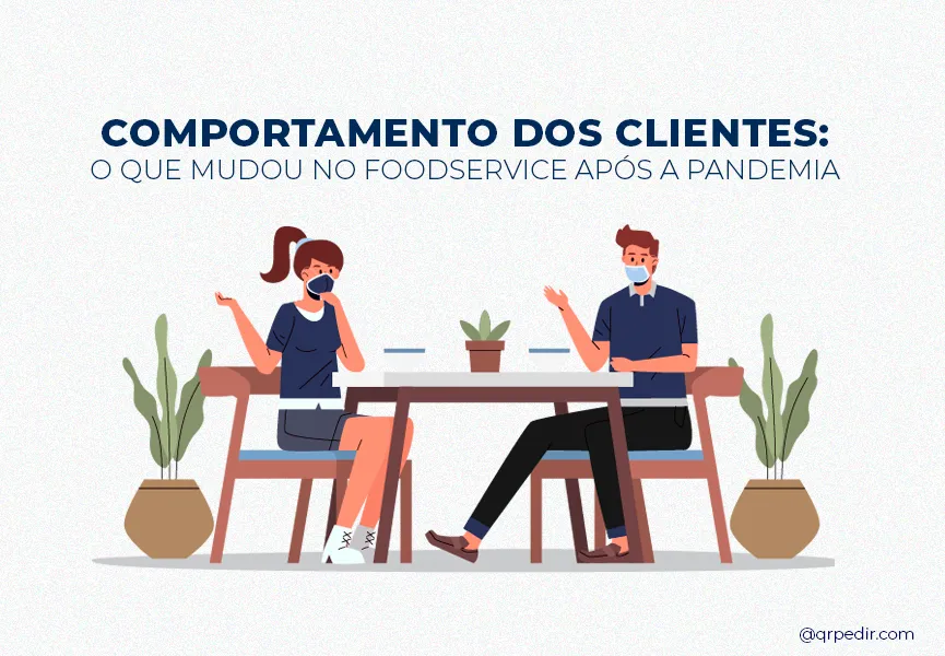 Capa com fundo branco e letras azuis. Imagem em vetor de clientes em um restaurante durante a pandemia.