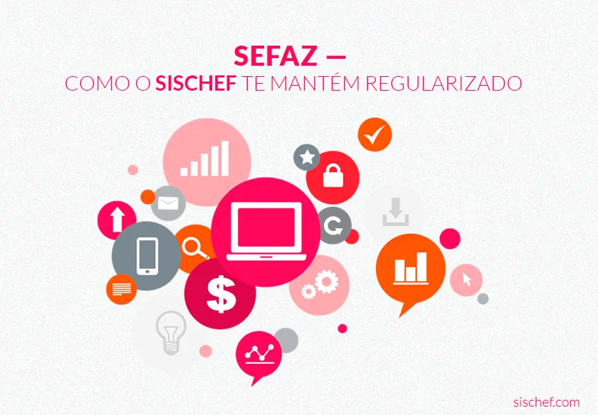 Capa com fundo branco e letras rosa. Imagem em vetor representando integração com a SEFAZ.
