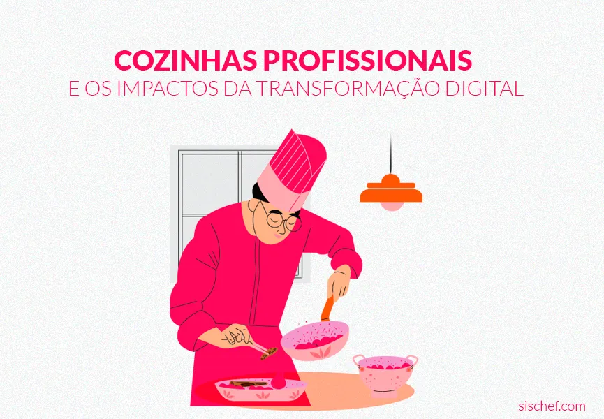 Capa com fundo branco e letras rosa. Imagem em vetor de um chef cozinhando em cozinhas profissionais.