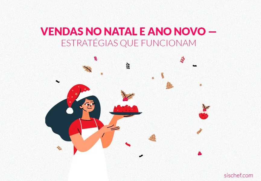 Capa com fundo branco e letras rosa. Imagem em vetor de garçonete com comida natalina. Vendas.