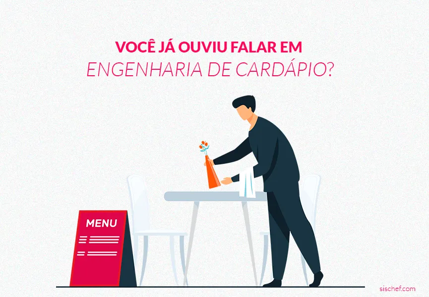 Capa com fundo branco e letras rosas. Imagem em vetor de um garçom organizando engenharia do cardápio.