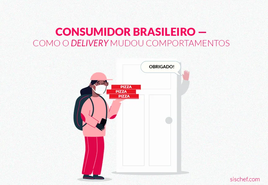 Capa com fundo branco e letras rosas. Imagem em vetor de um consumidor brasileiro pedindo delivery.