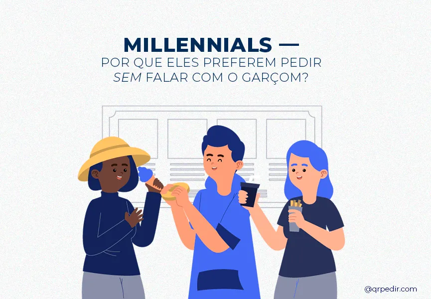 Capa com fundo branco e letras azuis. Imagem em vetor de millennials no foodservice.