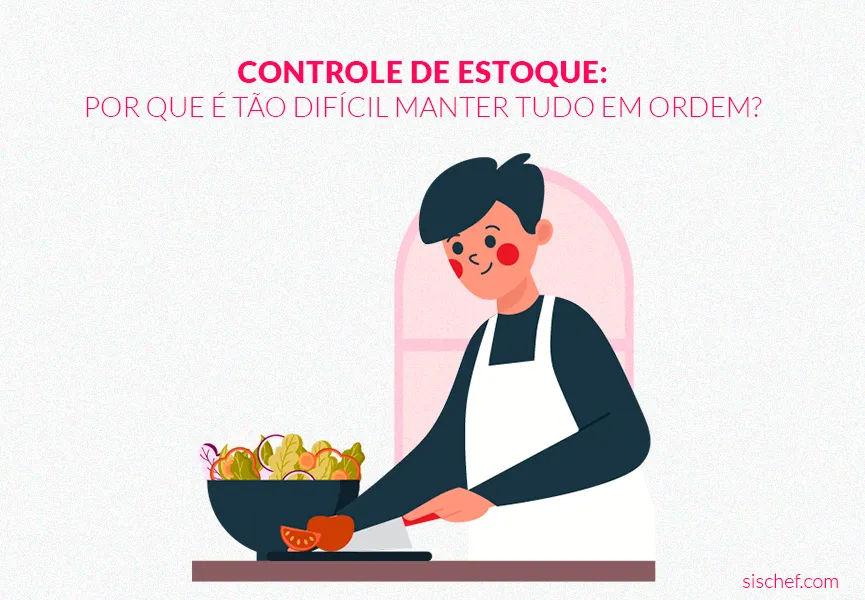 Capa com fundo branco e letras rosa. Imagem em vetor de um chef cozinhando, cozinha com controle de estoque.
