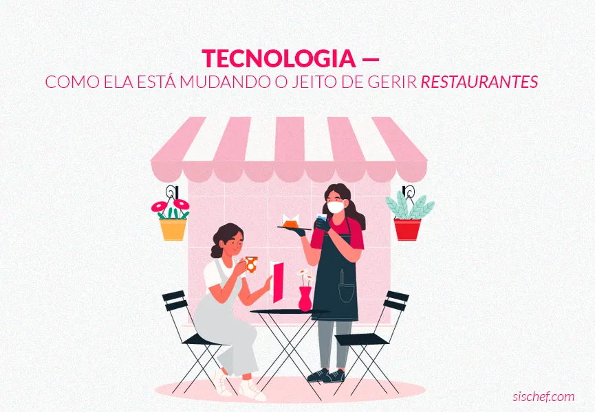 Capa com fundo branco e letras rosa. Imagem em vetor em um restaurante com tecnologia.