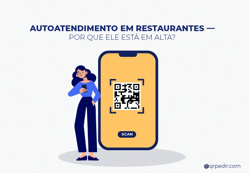 Capa com fundo branco e letras azuis. Imagem em vetor de uma cliente usando o autoatendimento do QRpedir.