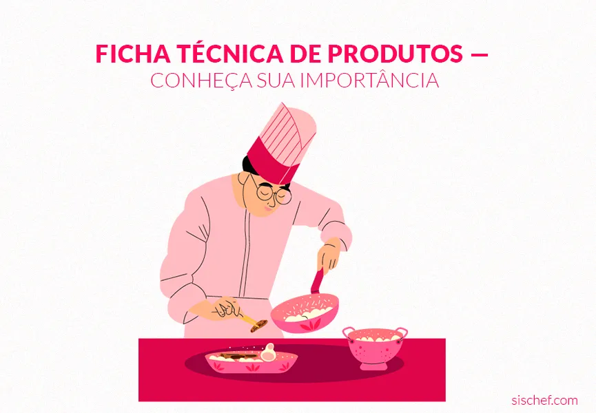 Capa com fundo branco e letras rosa. Imagem em vetor de um chef cozinhando seguindo uma ficha técnica.