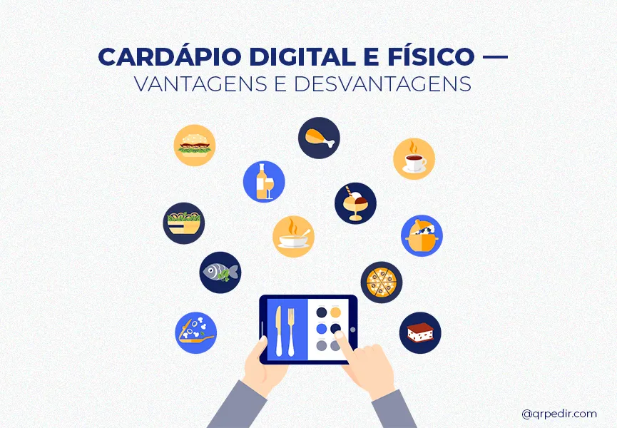 Capa com fundo branco e letras azuis. Imagem em vetor de um cardápio digital.