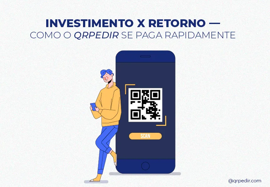 Capa com fundo branco e letras azuis. Imagem em vetor de um rapaz fazendo pedido via qrcode. Investimento com o QRpedir.