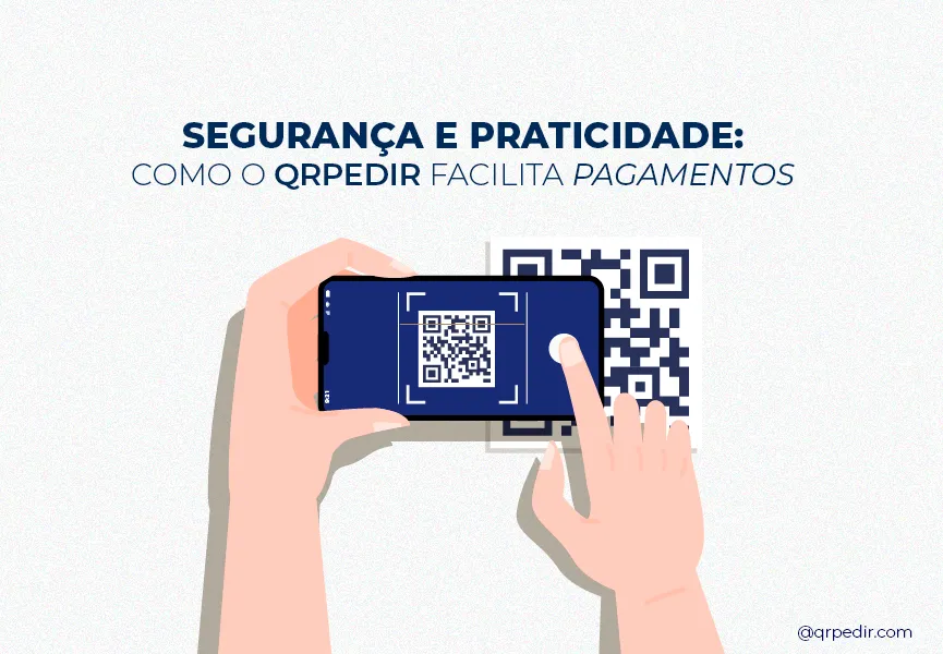 Capa com fundo branco e letras azuis. Imagem de um cliente fazendo pagamentos via qrcode.