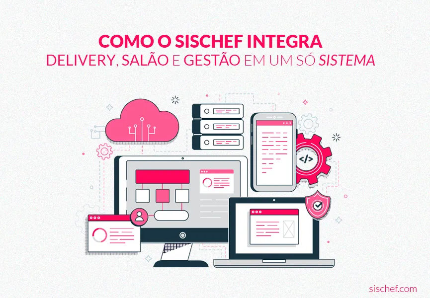 Capa com fundo branco e letras rosa. Imagem em vetor de um sistema que integra vários apps.