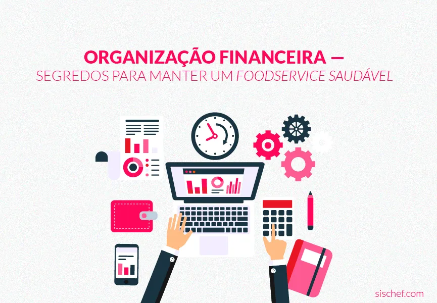 Capa com fundo branco e letras rosa. Imagem em vetor de uma mão trabalhando na organização financeira em um sistema de gestão.