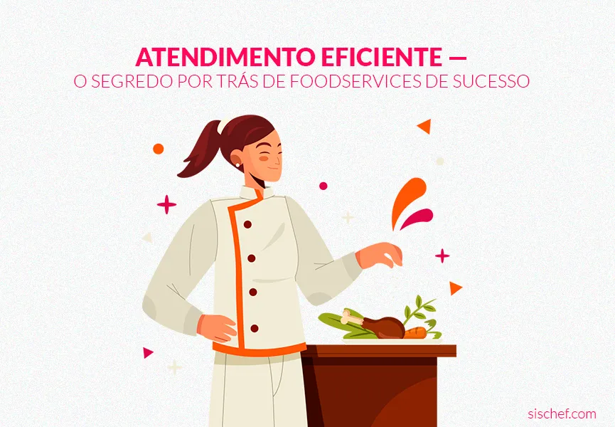 Capa com fundo branco e letras rosa. Imagem em vetor de uma chef. Atendimento eficiente.