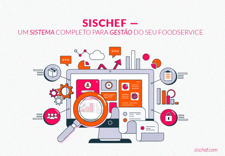 Capa com fundo branco e letras rosa. Imagem em vetor de um sistema de gestão.